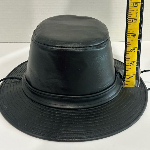 Vintage Fedora Hat Women's Size Med Color Black Leather USA Attached chin strap - Picture 11 of 11